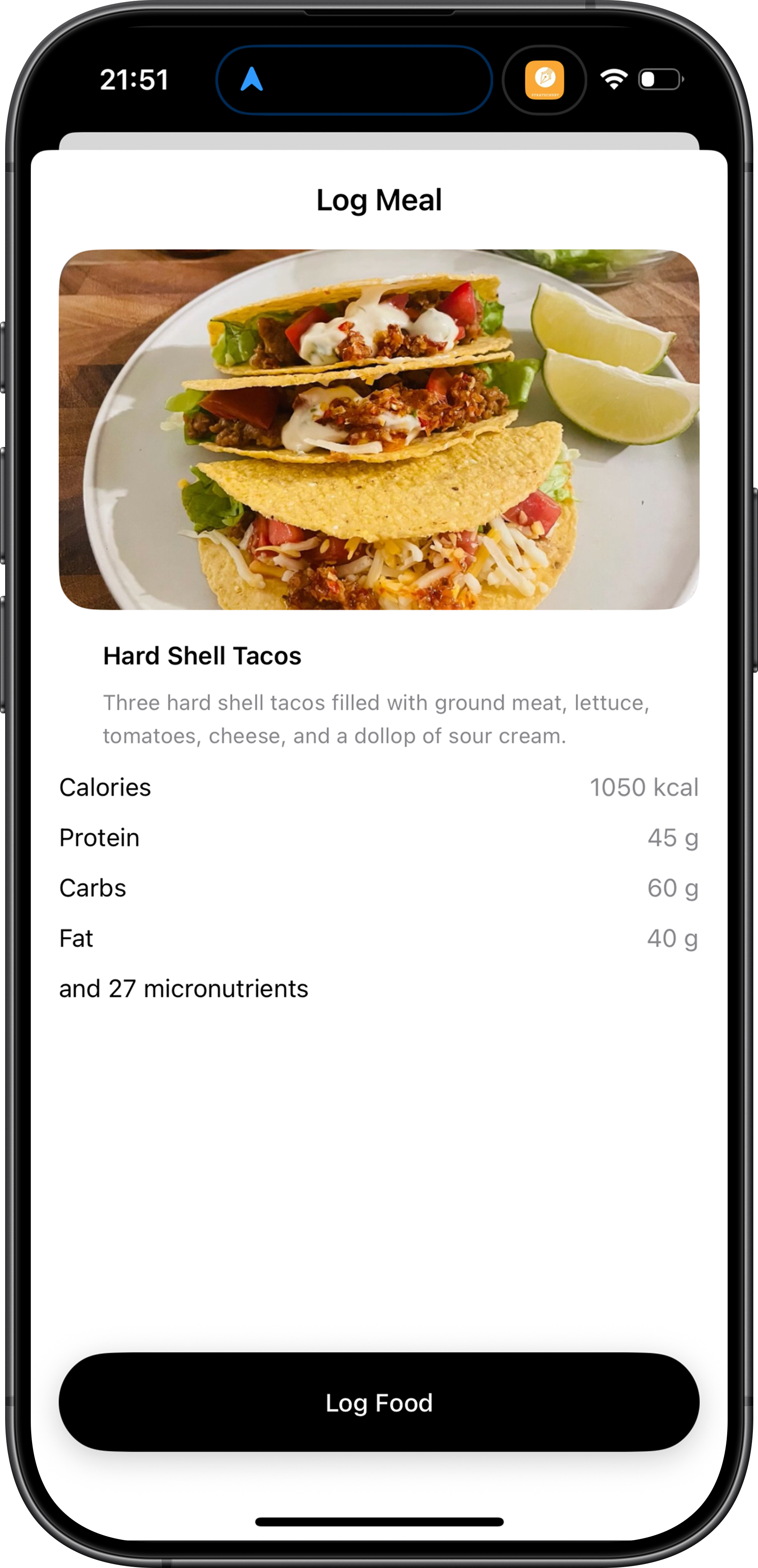 Fuel app meal log screen on iPhone